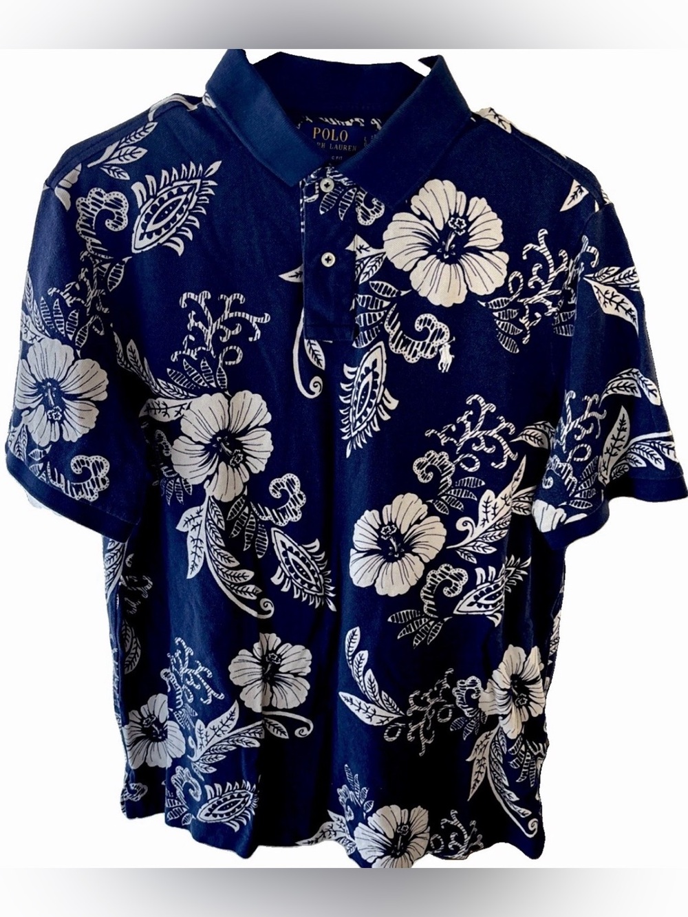 Ralph Lauren Navy and White Floral Polo Shirt or golf old money men’s L